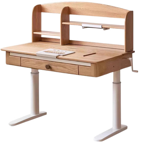 Oak Solid Wood Adjustable Children Study Table Natural Finish Ergonomic Desk with Hand Crank & Storage