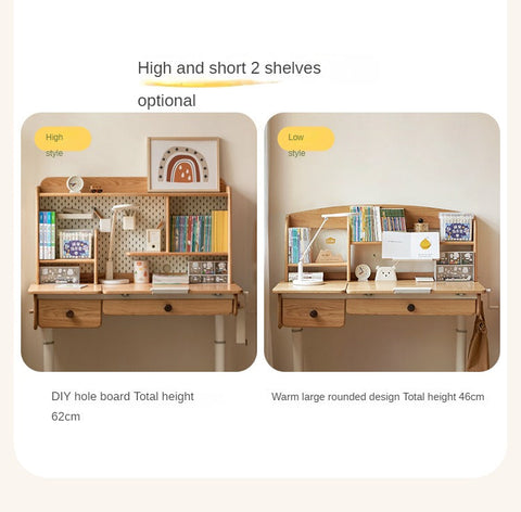 Oak Solid Wood Adjustable Children Study Table Natural Finish Ergonomic Desk with Hand Crank & Storage