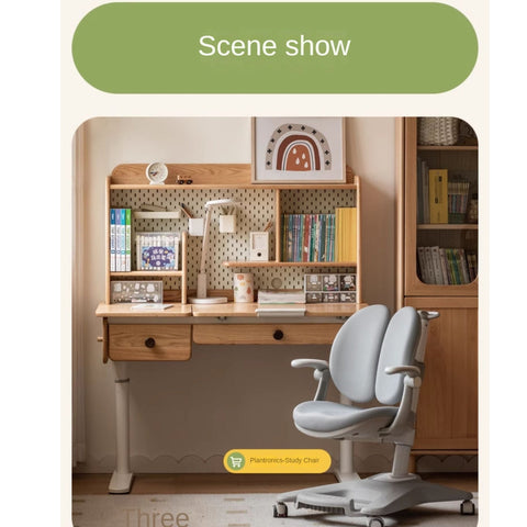 Oak Solid Wood Adjustable Children Study Table Natural Finish Ergonomic Desk with Hand Crank & Storage