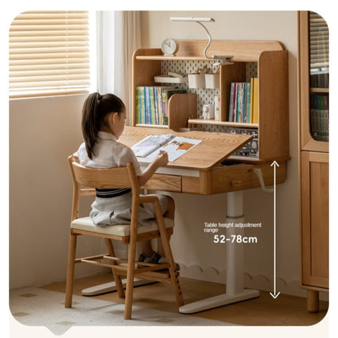 Oak Solid Wood Adjustable Children Study Table Natural Finish Ergonomic Desk with Hand Crank & Storage