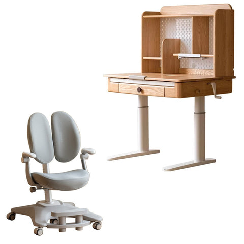 Oak Solid Wood Adjustable Children Study Table Natural Finish Ergonomic Desk with Hand Crank & Storage