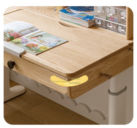 Oak Solid Wood Adjustable Children Study Table Natural Finish Ergonomic Desk with Hand Crank & Storage