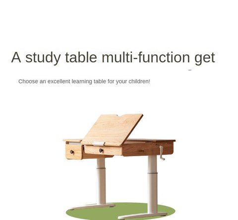 Oak Solid Wood Adjustable Children Study Table Natural Finish Ergonomic Desk with Hand Crank & Storage