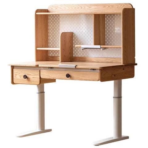 Oak Solid Wood Adjustable Children Study Table Natural Finish Ergonomic Desk with Hand Crank & Storage