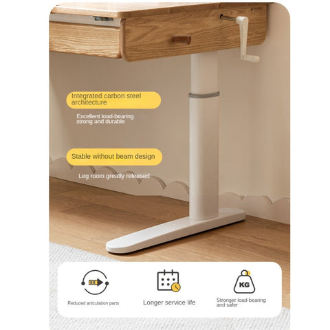 Oak Solid Wood Adjustable Children Study Table Natural Finish Ergonomic Desk with Hand Crank & Storage