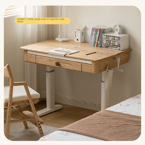 Oak Solid Wood Adjustable Children Study Table Natural Finish Ergonomic Desk with Hand Crank & Storage