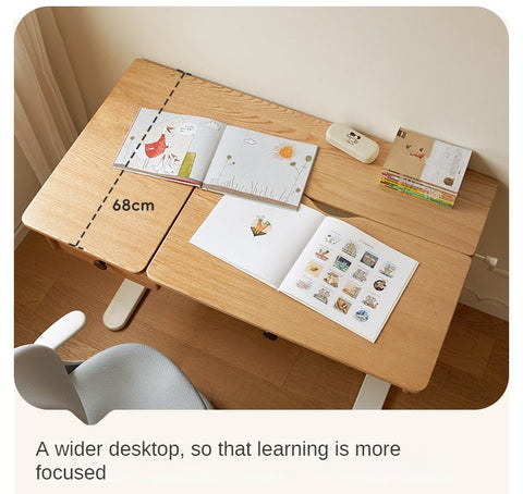 Oak Solid Wood Adjustable Children Study Table Natural Finish Ergonomic Desk with Hand Crank & Storage