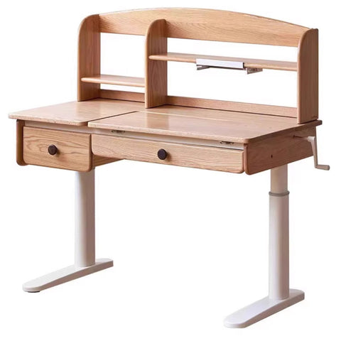 Oak Solid Wood Adjustable Children Study Table Natural Finish Ergonomic Desk with Hand Crank & Storage