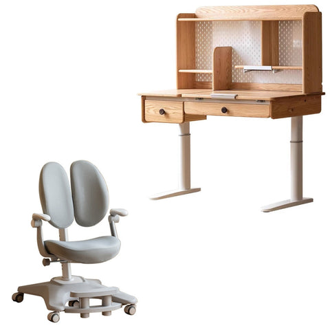 Oak Solid Wood Adjustable Children Study Table Natural Finish Ergonomic Desk with Hand Crank & Storage