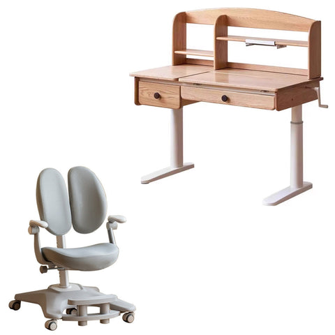 Oak Solid Wood Adjustable Children Study Table Natural Finish Ergonomic Desk with Hand Crank & Storage