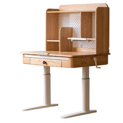Oak Solid Wood Adjustable Children Study Table Natural Finish Ergonomic Desk with Hand Crank & Storage