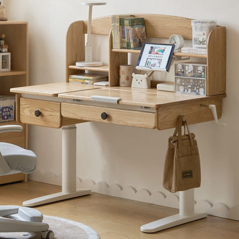 Oak Solid Wood Adjustable Children Study Table Natural Finish Ergonomic Desk with Hand Crank & Storage