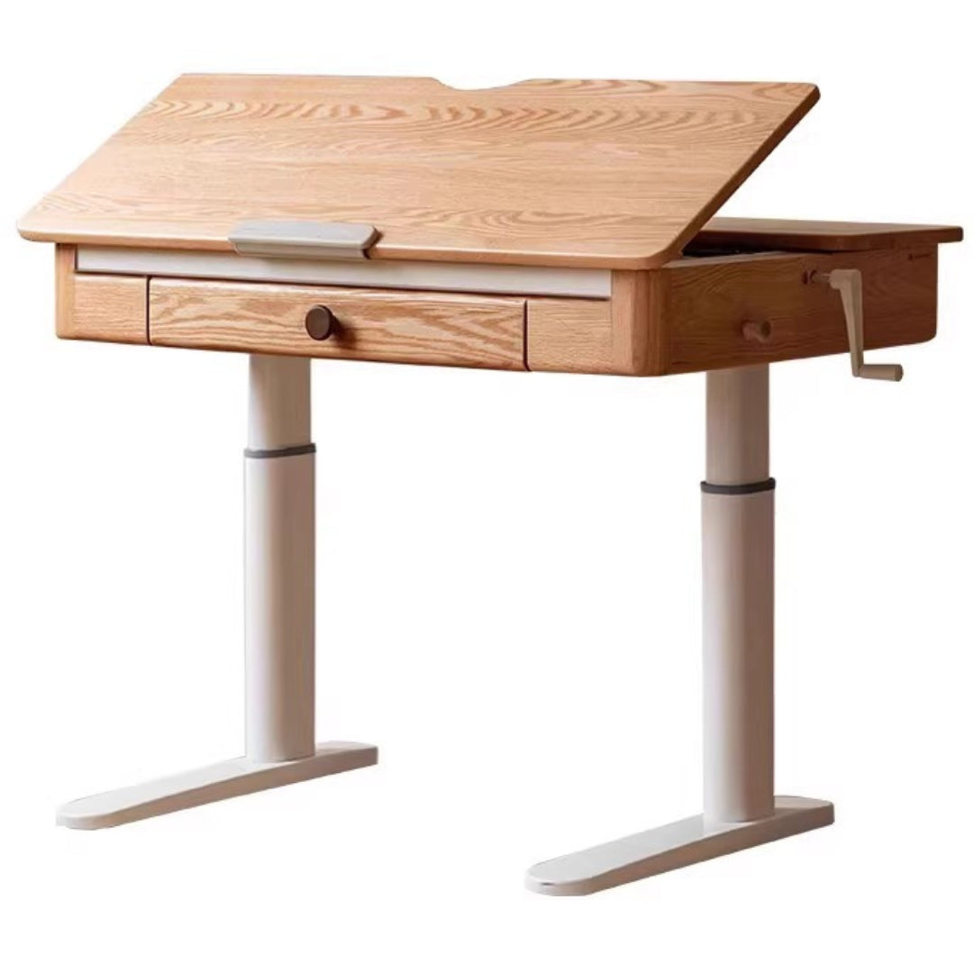 Oak Solid Wood Adjustable Children Study Table Natural Finish Ergonomic Desk with Hand Crank & Storage