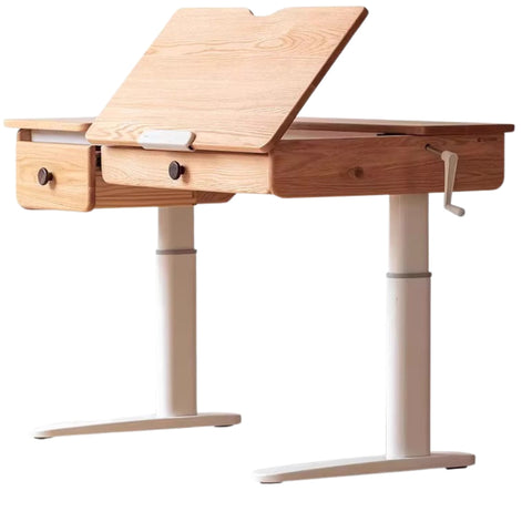 Oak Solid Wood Adjustable Children Study Table Natural Finish Ergonomic Desk with Hand Crank & Storage