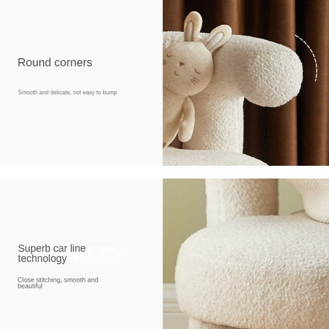 Lamb Velvet Kids Chair Off White Plush Imitation Wool Upholstered Cartoon Seat Solid Wood Frame for Playroom & Reading