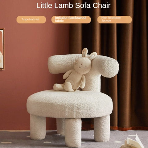 Lamb Velvet Kids Chair Off White Plush Imitation Wool Upholstered Cartoon Seat Solid Wood Frame for Playroom & Reading