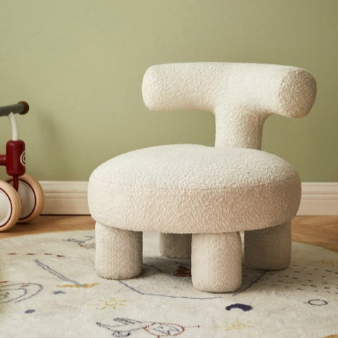 Lamb Velvet Kids Chair Off White Plush Imitation Wool Upholstered Cartoon Seat Solid Wood Frame for Playroom & Reading