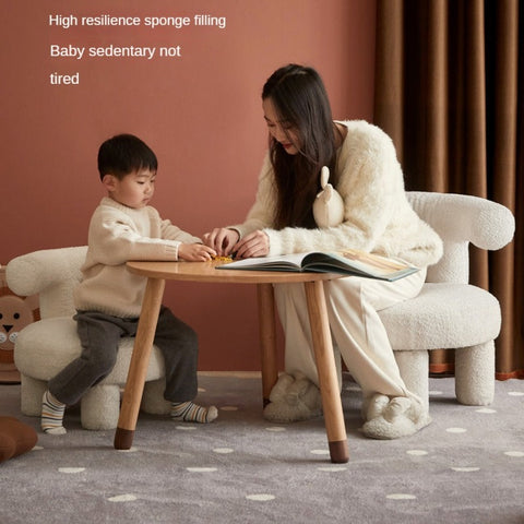 Lamb Velvet Kids Chair Off White Plush Imitation Wool Upholstered Cartoon Seat Solid Wood Frame for Playroom & Reading