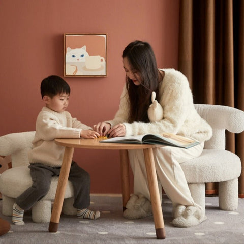 Lamb Velvet Kids Chair Off White Plush Imitation Wool Upholstered Cartoon Seat Solid Wood Frame for Playroom & Reading