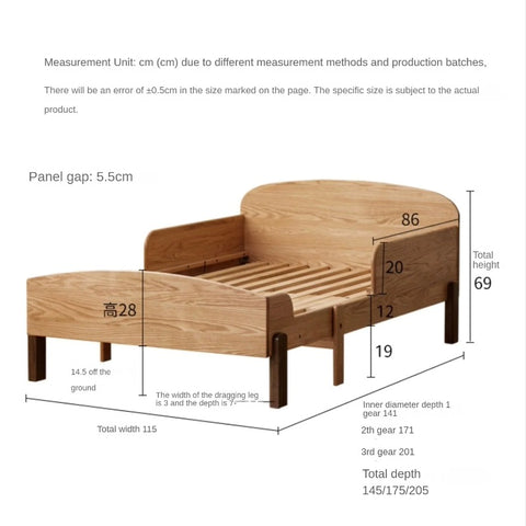 Oak, Beech solid wood Telescopic Toddler Bed from 57 in (145 cm) to 80.7 in (205 cm)<