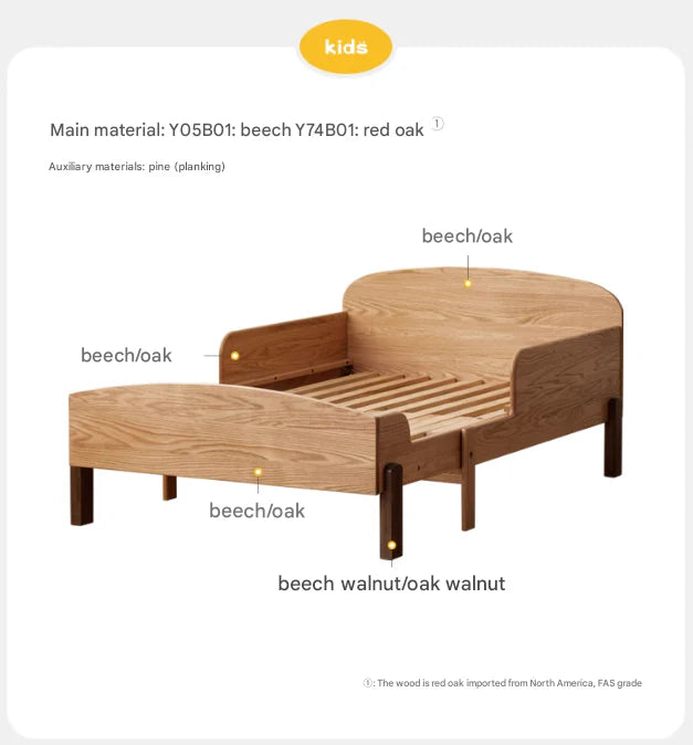 Oak, Beech solid wood Telescopic Toddler Bed from 57 in (145 cm) to 80.7 in (205 cm)<