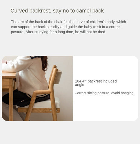 Oak Solid Wood Kids Chair Height Adjustable Modern Study Chair with Ergonomic Backrest and Removable Washable Cushion