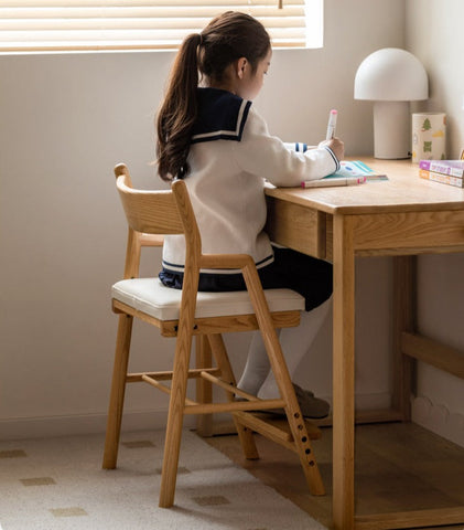 Oak Solid Wood Kids Chair Height Adjustable Modern Study Chair with Ergonomic Backrest and Removable Washable Cushion