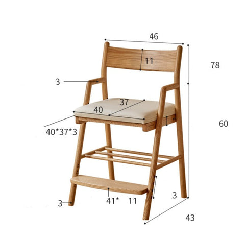 Oak Solid Wood Kids Chair Height Adjustable Modern Study Chair with Ergonomic Backrest and Removable Washable Cushion