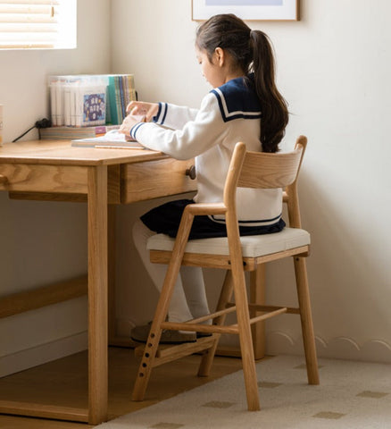 Oak Solid Wood Kids Chair Height Adjustable Modern Study Chair with Ergonomic Backrest and Removable Washable Cushion