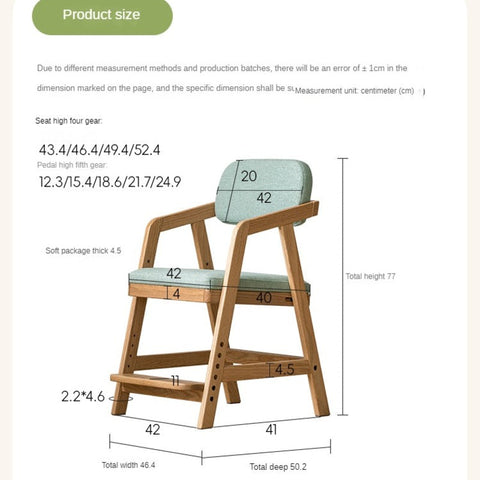Oak Solid Wood Kids Chair Height Adjustable Modern Study Chair with Ergonomic Backrest and Removable Washable Cushion