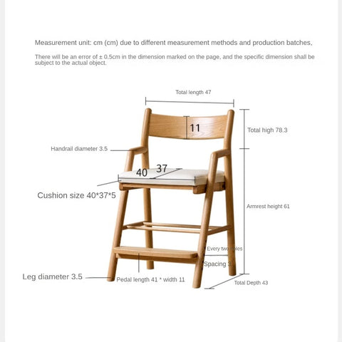 Oak Solid Wood Kids Chair Height Adjustable Modern Study Chair with Ergonomic Backrest and Removable Washable Cushion