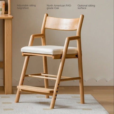 Oak Solid Wood Kids Chair Height Adjustable Modern Study Chair with Ergonomic Backrest and Removable Washable Cushion