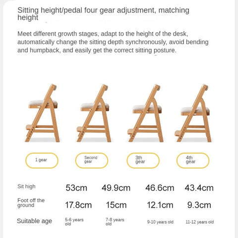 Beech Solid Wood Adjustable Ergonomic Child Desk Chair Light Wood Comfortable Padded Seat