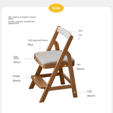 Beech Solid Wood Adjustable Ergonomic Child Desk Chair Light Wood Comfortable Padded Seat