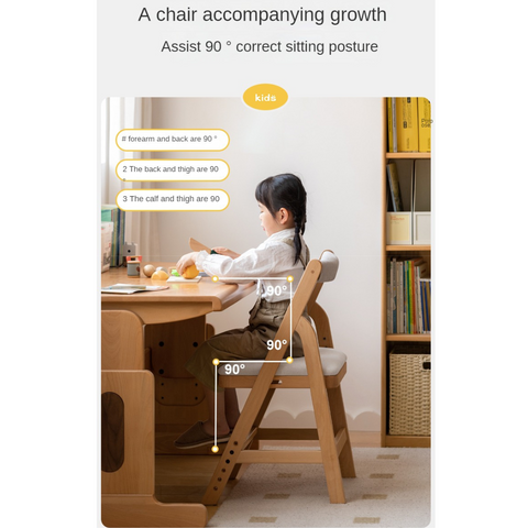 Beech Solid Wood Adjustable Ergonomic Child Desk Chair Light Wood Comfortable Padded Seat