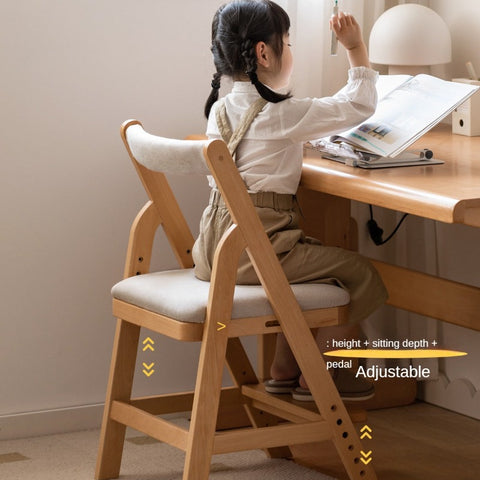 Beech Solid Wood Adjustable Ergonomic Child Desk Chair Light Wood Comfortable Padded Seat