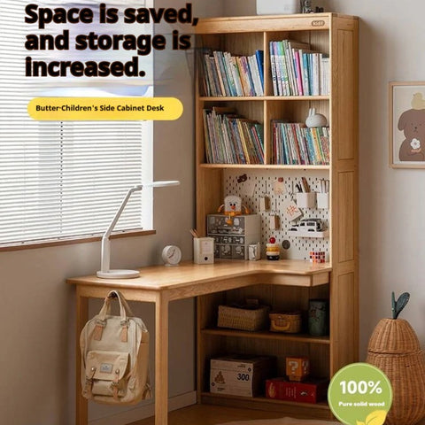Oak Solid Wood Children's Study Desk, Bookshelf, Wardrobe