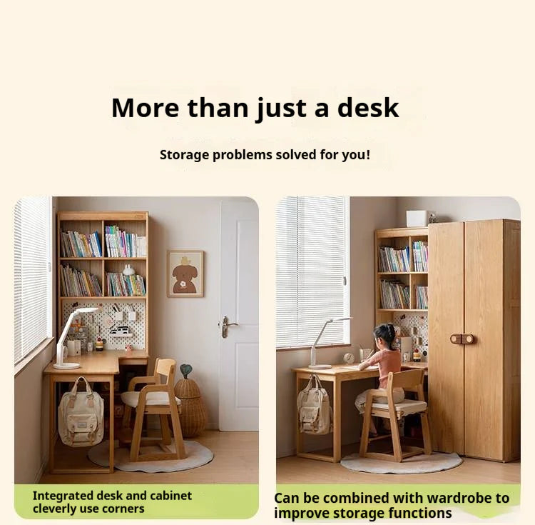 Oak Solid Wood Children's Study Desk, Bookshelf, Wardrobe