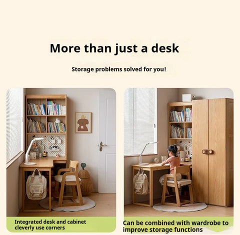 Oak Solid Wood Children's Study Desk, Bookshelf, Wardrobe