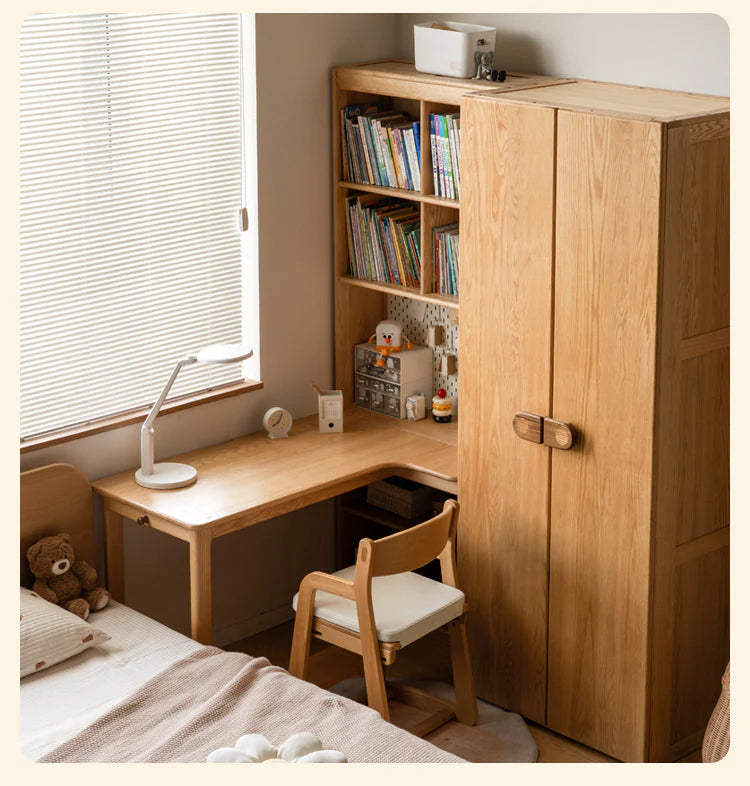 Oak Solid Wood Children's Study Desk, Bookshelf, Wardrobe