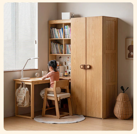 Oak Solid Wood Children's Study Desk, Bookshelf, Wardrobe