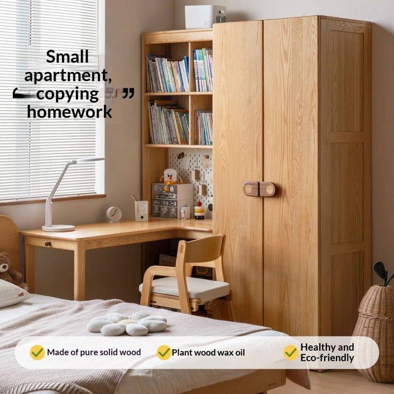 Oak Solid Wood Children's Study Desk, Bookshelf, Wardrobe