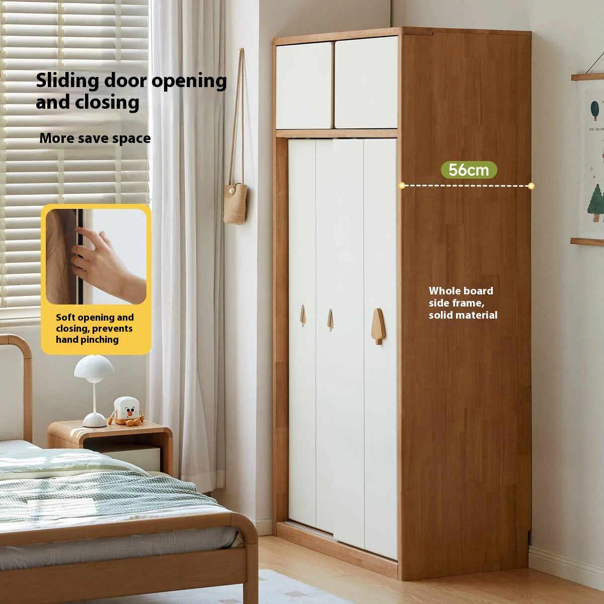 Solid Rubberwood Modern Kids Sliding Door Wardrobe