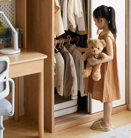 Solid Rubberwood Modern Kids Sliding Door Wardrobe