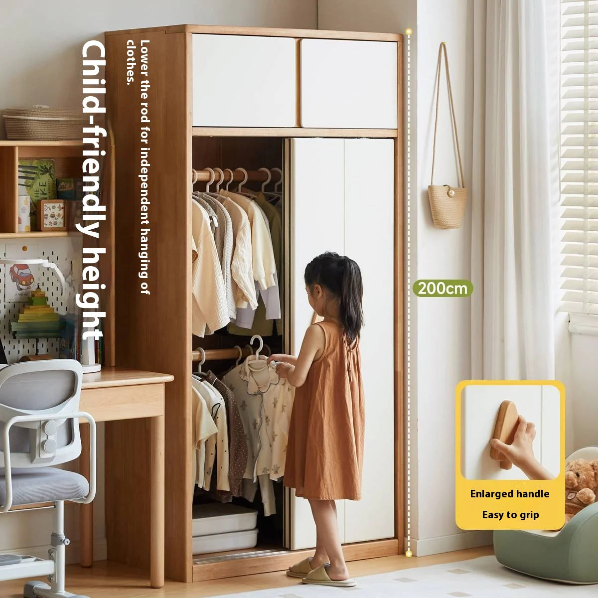 Solid Rubberwood Modern Kids Sliding Door Wardrobe