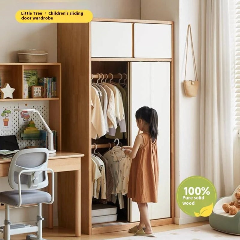 Solid Rubberwood Modern Kids Sliding Door Wardrobe