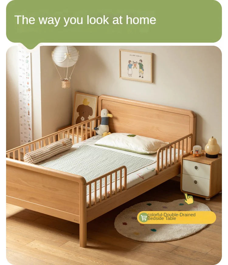 Beech solid wood children's bed with guardrail spliced bed<