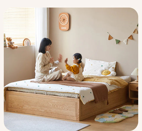 Rubberwood, Oak Solid Wood Children's Box Platform Bed, Headboard-Free Bed