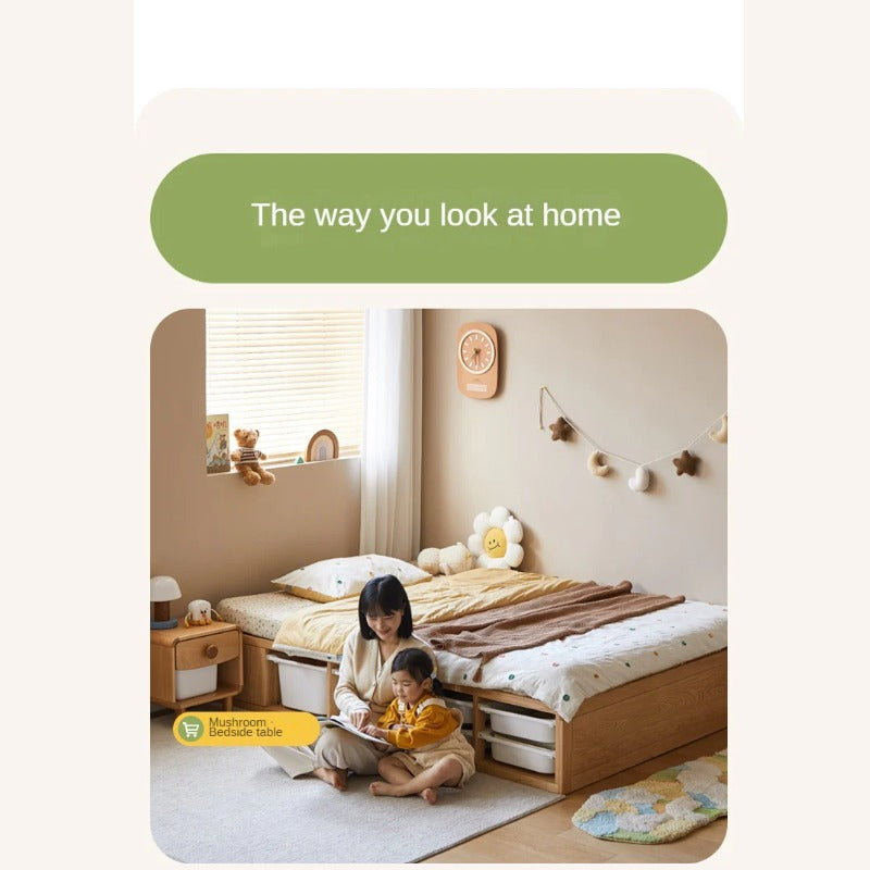 Rubberwood, Oak Solid Wood Children's Box Platform Bed, Headboard-Free Bed