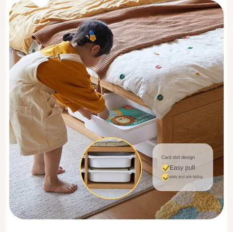 Rubberwood, Oak Solid Wood Children's Box Platform Bed, Headboard-Free Bed